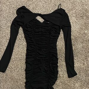 Long Sleeve Black Ruched Bodycon Dress